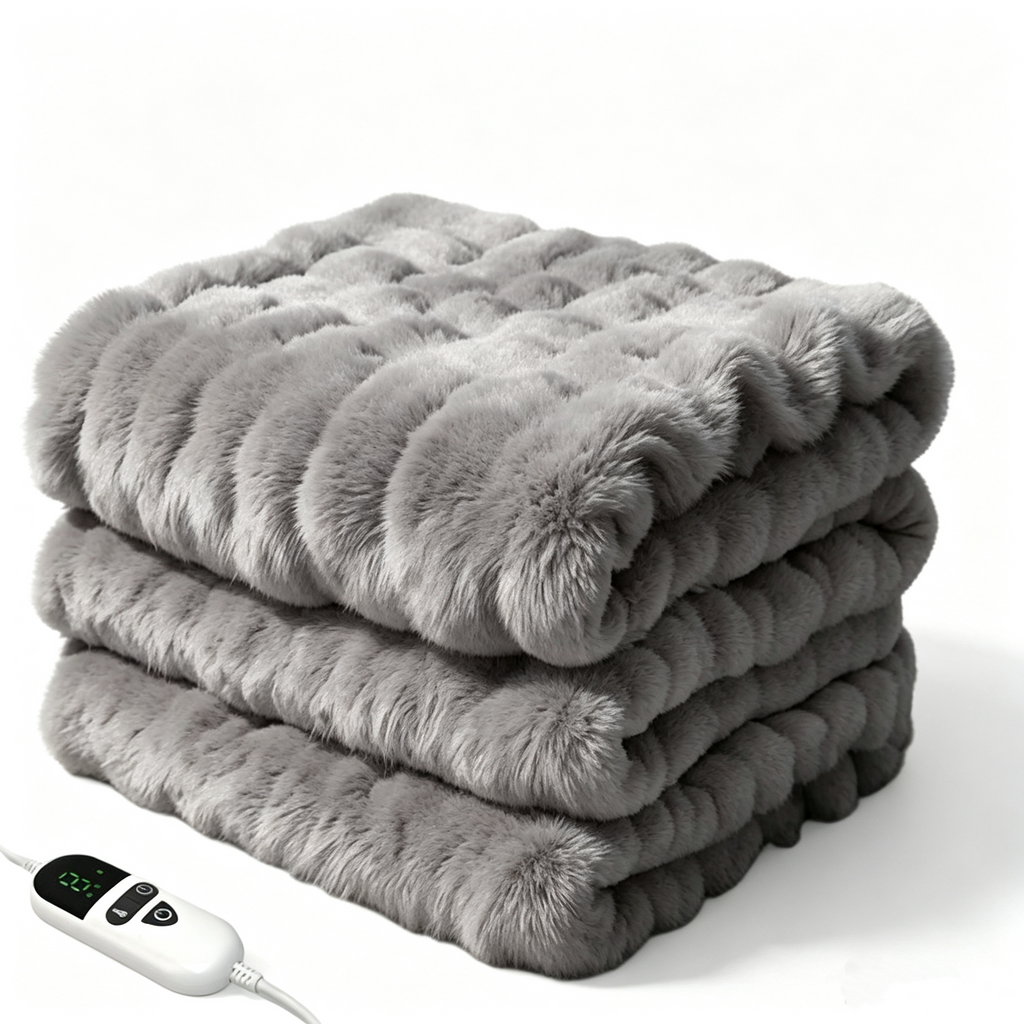 72"x84" Faux Rabbit Fur Heated Throw Blanket for Couch Bed Office, Fast-Heating, Ultra-Soft Plush Machine Washable Fabric with 6 Heat Settings, Auto Shut Off, Gray