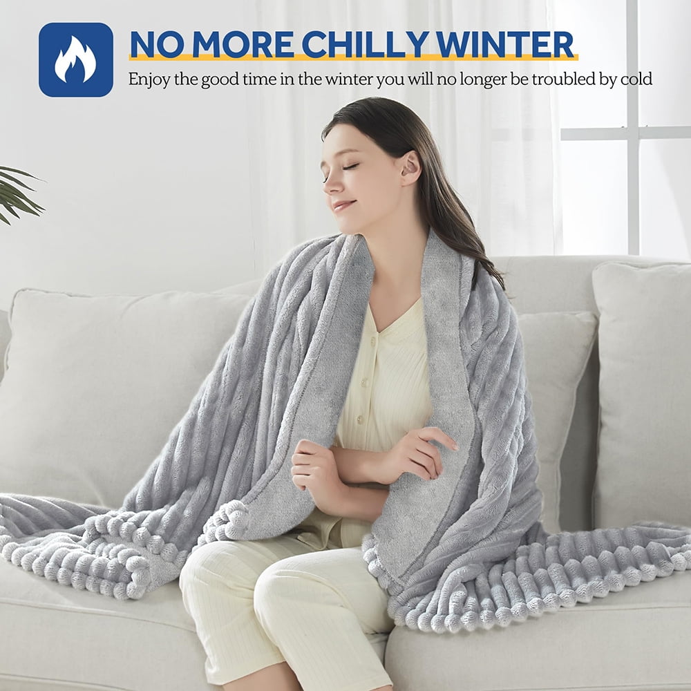 Heated Blanket Electric Throw Striped Flannel Blanket 50"x60" Electric Blanket with 6 Heat Settings 8 Hour Timer Auto Shut Off, Grey