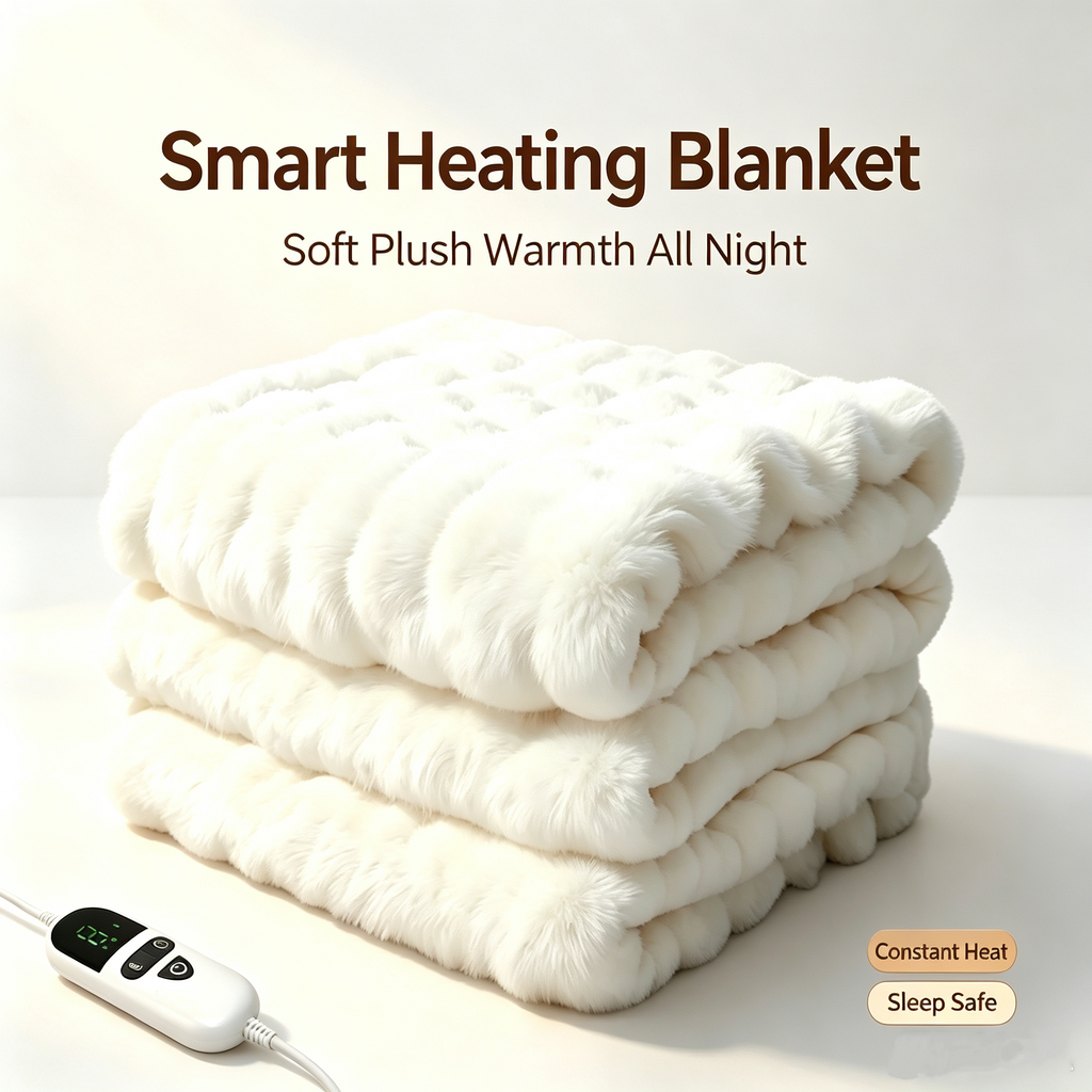 72"x84" Faux Rabbit Fur Heated Throw Blanket for Couch Bed Office, Fast-Heating, Ultra-Soft Plush Machine Washable Fabric with 6 Heat Settings, Auto Shut Off, White