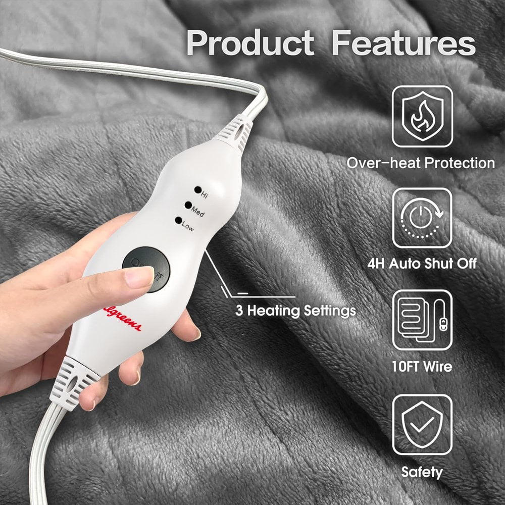 Electric Heated Blanket 50''x60'' with 3 Heating Levels, Automatically Shut Down After 4h with Overheat Protection Machine Washable(Dark Gray)