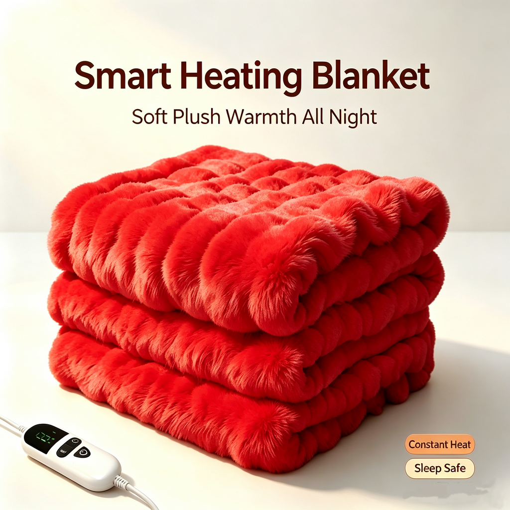 72"x84" Faux Rabbit Fur Heated Throw Blanket for Couch Bed Office, Fast-Heating, Ultra-Soft Plush Machine Washable Fabric with 6 Heat Settings, Auto Shut Off, Red
