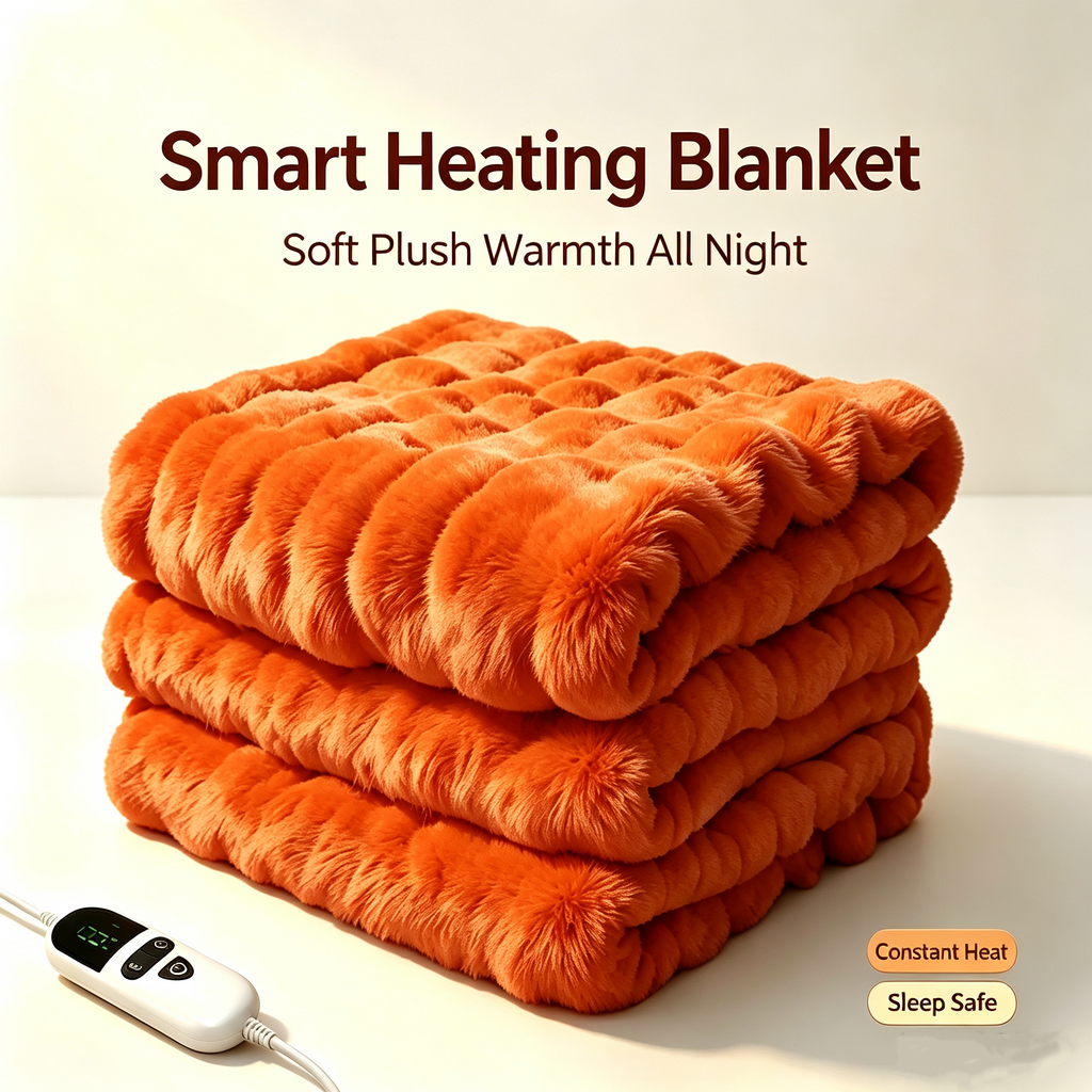 72"x84" Faux Rabbit Fur Heated Throw Blanket for Couch Bed Office, Fast-Heating, Ultra-Soft Plush Machine Washable Fabric with 6 Heat Settings, Auto Shut Off, Orange