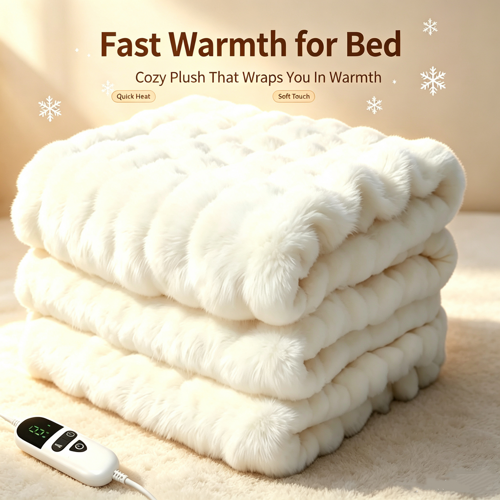 72"x84" Faux Rabbit Fur Heated Throw Blanket for Couch Bed Office, Fast-Heating, Ultra-Soft Plush Machine Washable Fabric with 6 Heat Settings, Auto Shut Off, White