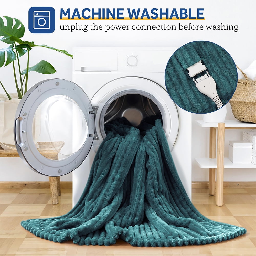 Heated Blanket Electric King Striped Flannel Blanket 90"x100" Electric Blanket with 6 Heat Settings 10 Hour Timer Auto Shut Off, Teal