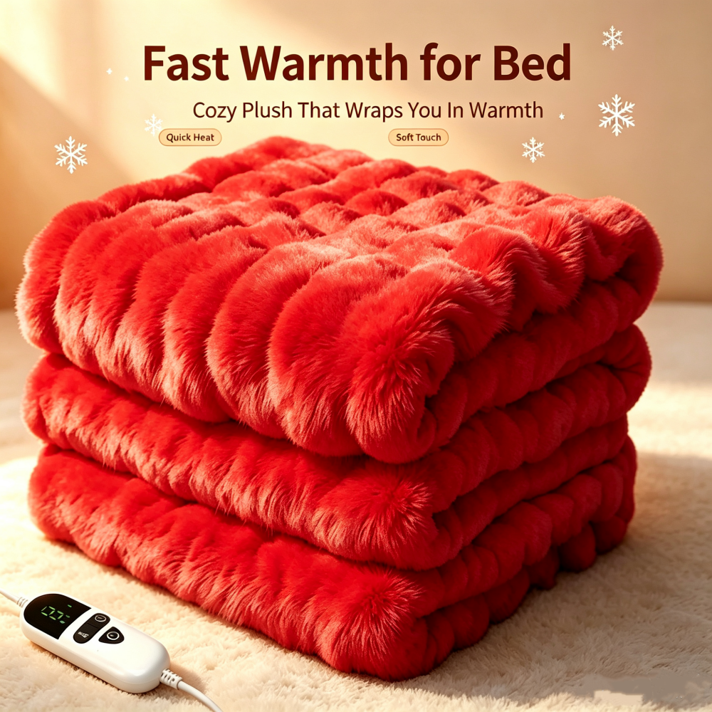 72"x84" Faux Rabbit Fur Heated Throw Blanket for Couch Bed Office, Fast-Heating, Ultra-Soft Plush Machine Washable Fabric with 6 Heat Settings, Auto Shut Off, Red