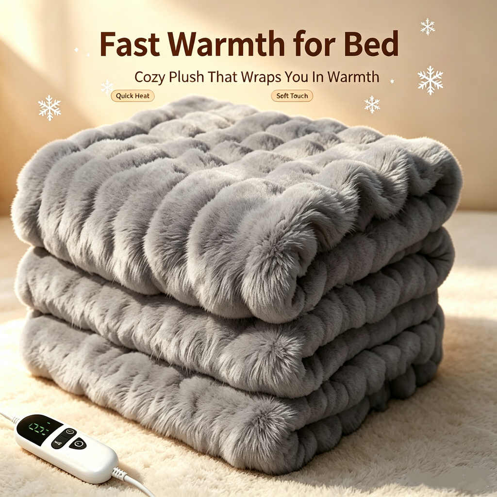 72"x84" Faux Rabbit Fur Heated Throw Blanket for Couch Bed Office, Fast-Heating, Ultra-Soft Plush Machine Washable Fabric with 6 Heat Settings, Auto Shut Off, Gray
