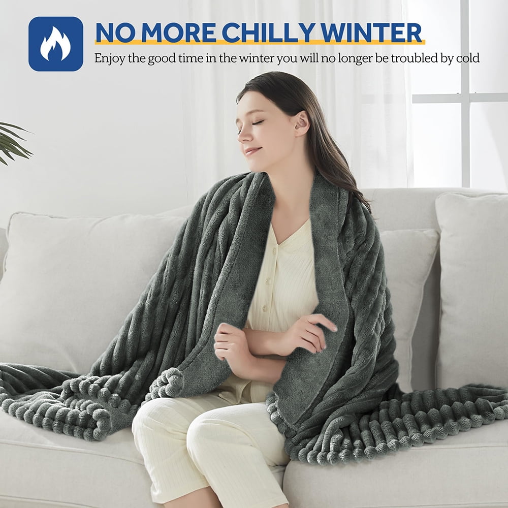 Heated Blanket Electric Queen Striped Flannel Blanket 84"x90" Electric Blanket with 6 Heat Settings 10 Hour Timer Auto Shut Off, Dark Grey