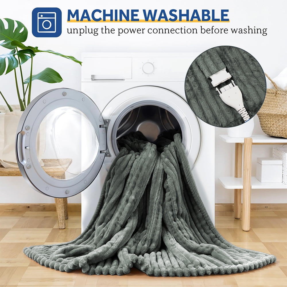 Heated Blanket Electric Queen Striped Flannel Blanket 84"x90" Electric Blanket with 6 Heat Settings 10 Hour Timer Auto Shut Off, Dark Grey