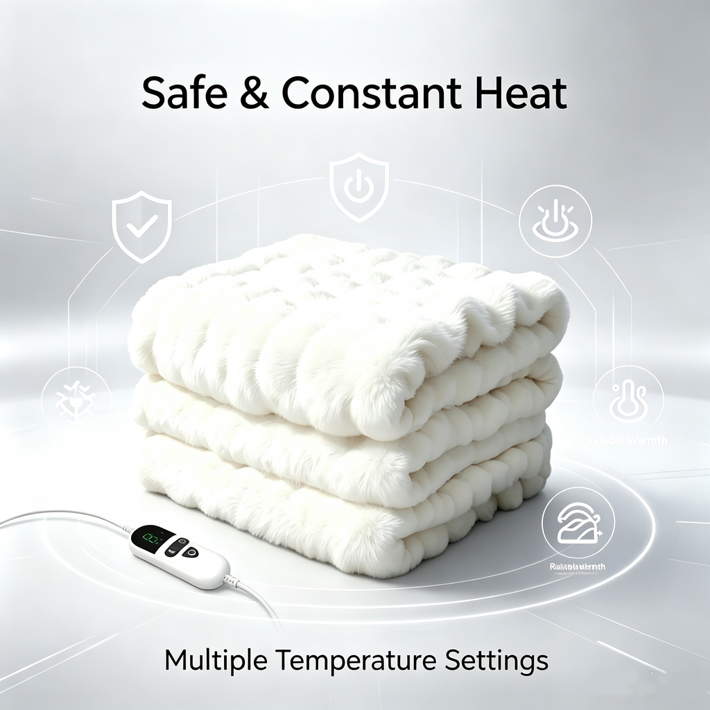 72"x84" Faux Rabbit Fur Heated Throw Blanket for Couch Bed Office, Fast-Heating, Ultra-Soft Plush Machine Washable Fabric with 6 Heat Settings, Auto Shut Off, White