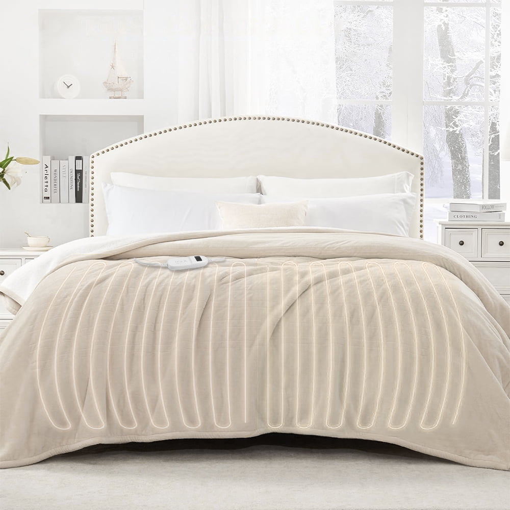kibhous Electric Blanket Full Size,Flannel and Shu velveteen Heated Blanket with 10 Heating Levels & 1-8 Hours Auto Shut Off, Machine Washable, Beige, 80" x 84"