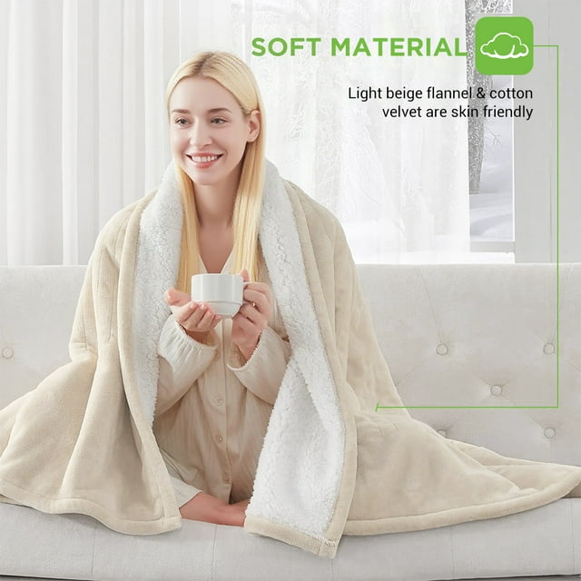 kibhous Electric Blanket King Size,Flannel and Shu velveteen Heated Blanket with 10 Heating Levels & 1-8 Hours Auto Shut Off, Machine Washable, Beige, 100" x 90"