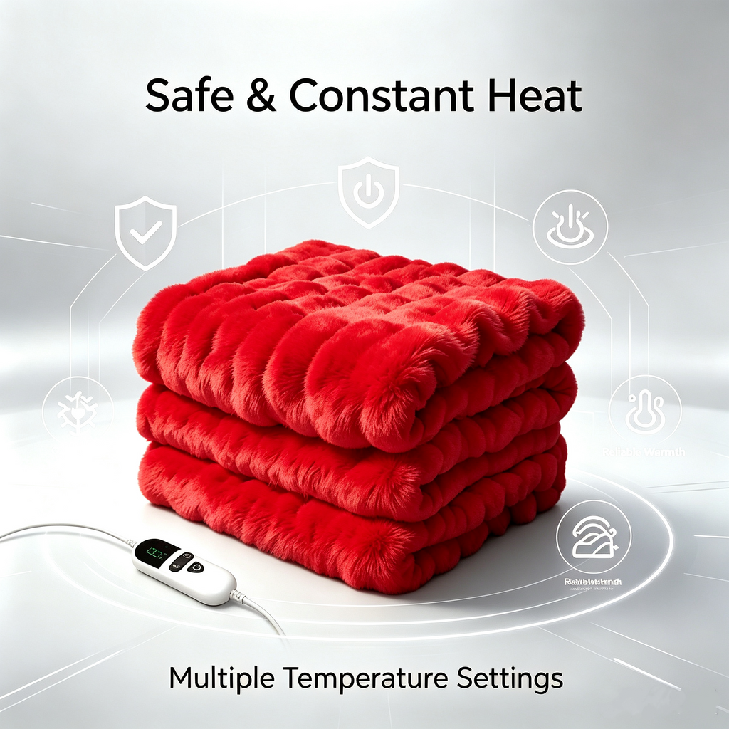 72"x84" Faux Rabbit Fur Heated Throw Blanket for Couch Bed Office, Fast-Heating, Ultra-Soft Plush Machine Washable Fabric with 6 Heat Settings, Auto Shut Off, Red