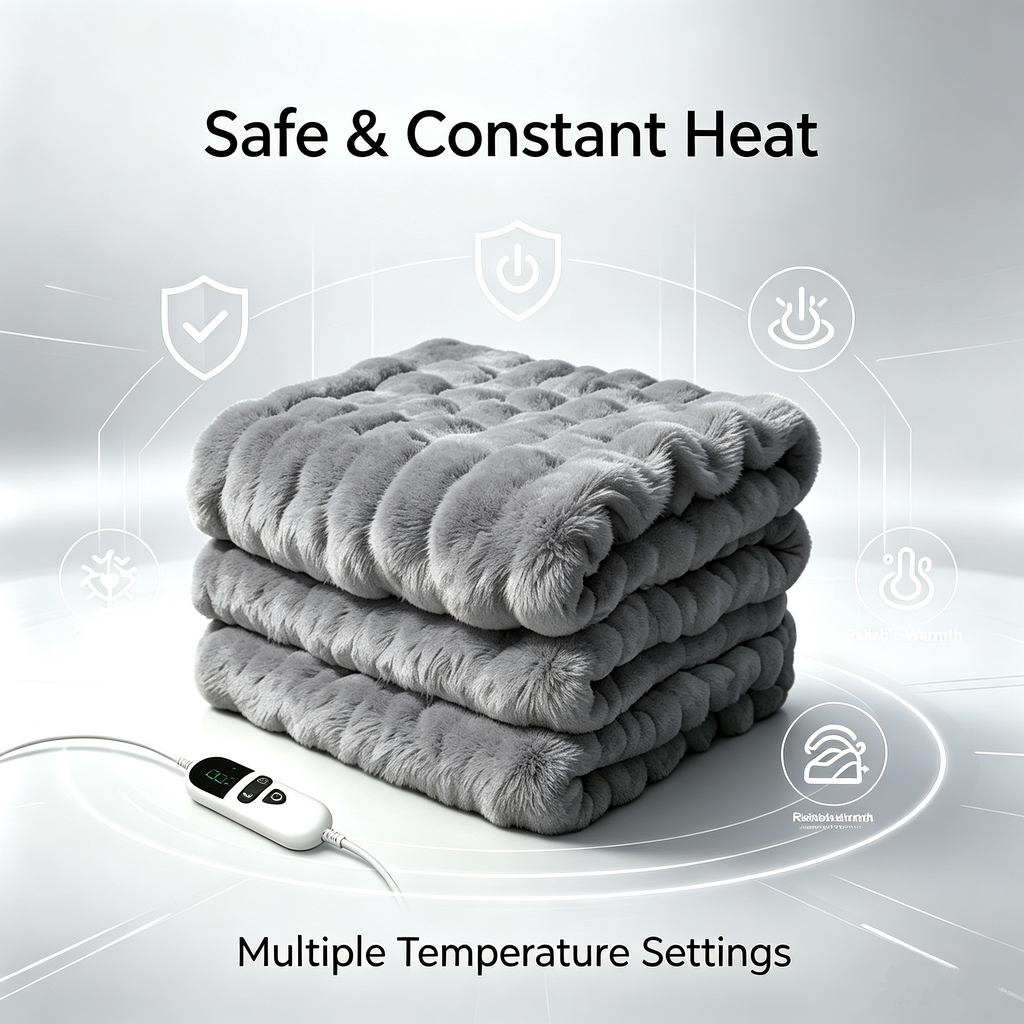 72"x84" Faux Rabbit Fur Heated Throw Blanket for Couch Bed Office, Fast-Heating, Ultra-Soft Plush Machine Washable Fabric with 6 Heat Settings, Auto Shut Off, Gray