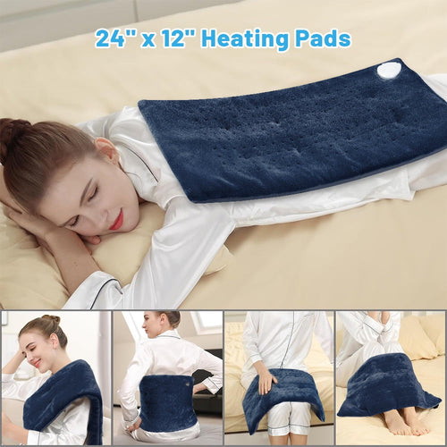 12" x 24" Heating Pad with 3 Heat Settings, Auto Shut off, Machine Washable, Blue