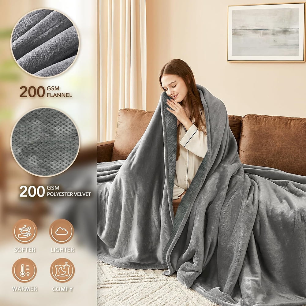 Heated Throw Blanket 60"x 70" Extra Large Size Flannel and Velvet with 10 Optional Heating Levels ,8 Hours Timer Up- Gray