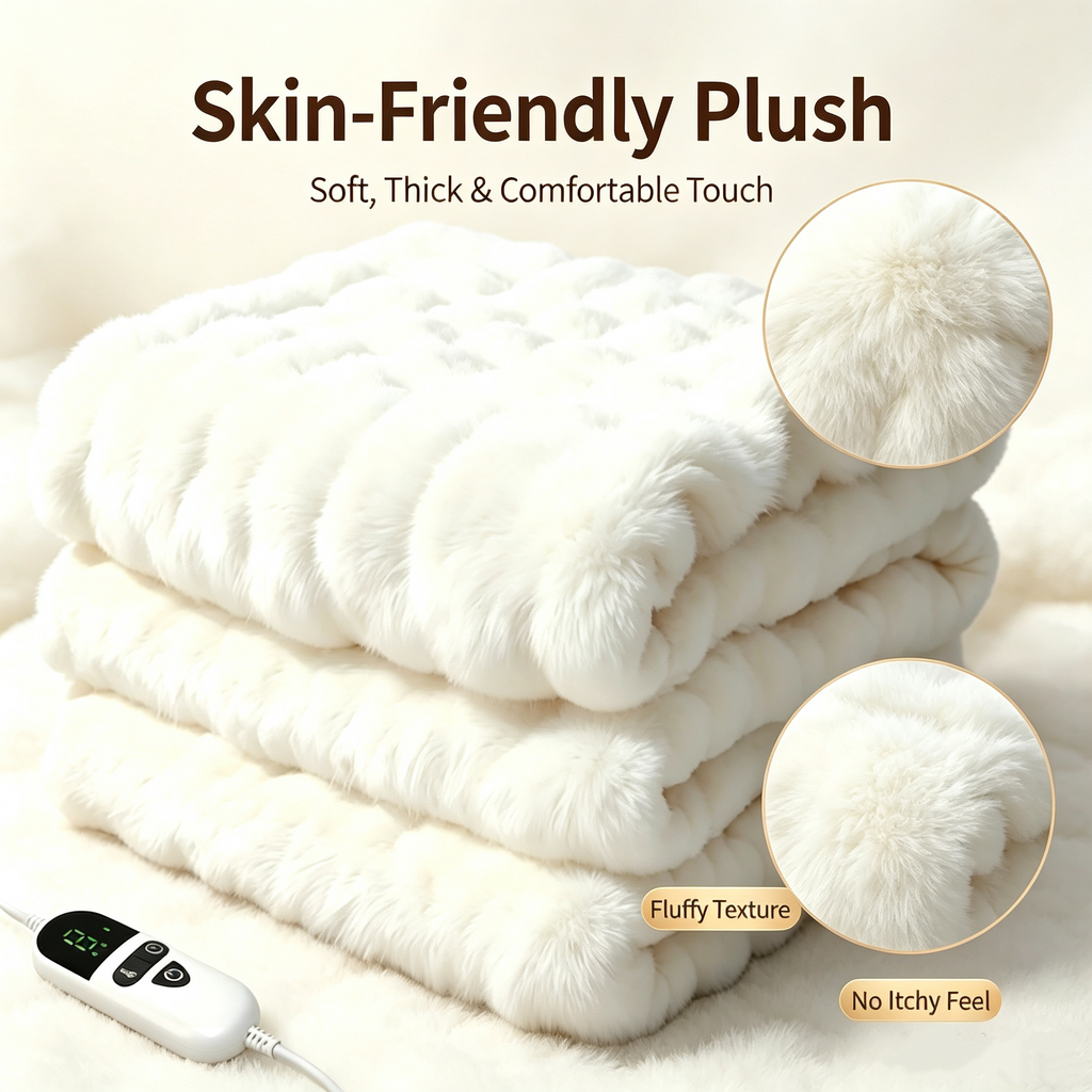 72"x84" Faux Rabbit Fur Heated Throw Blanket for Couch Bed Office, Fast-Heating, Ultra-Soft Plush Machine Washable Fabric with 6 Heat Settings, Auto Shut Off, White