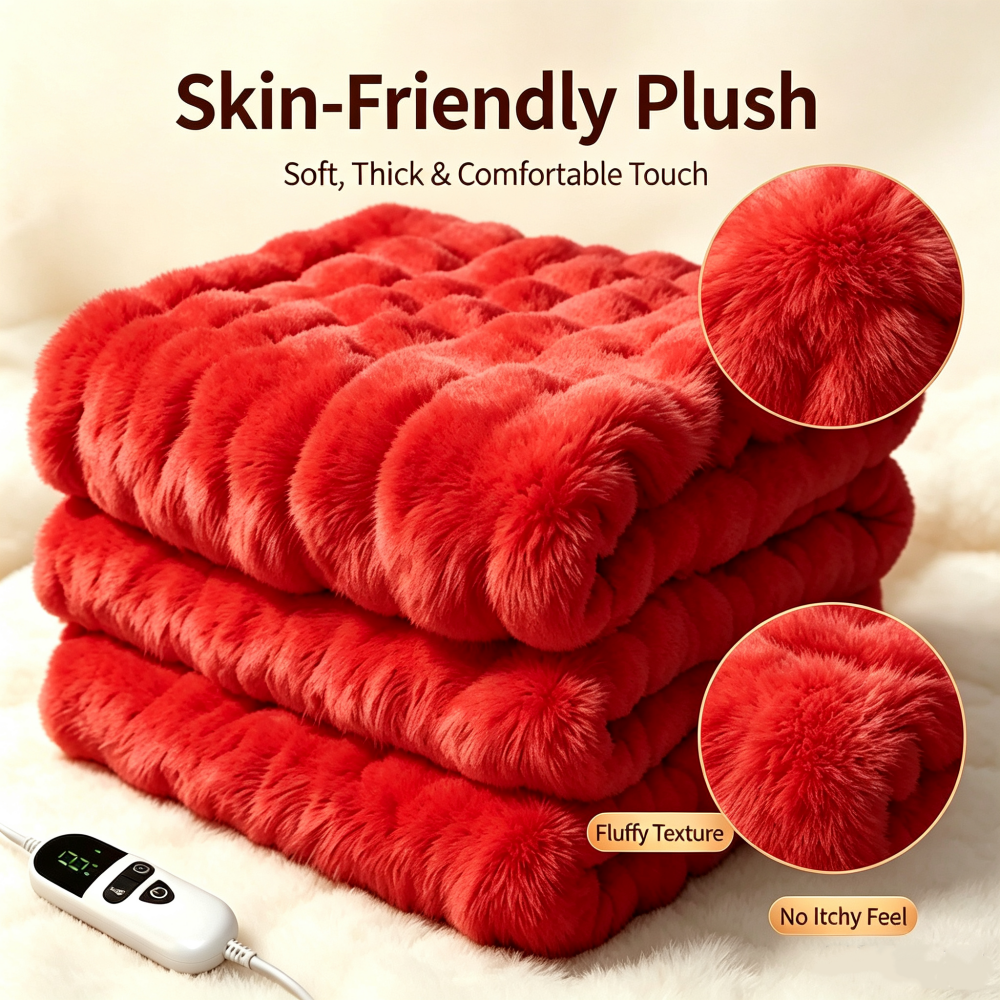 72"x84" Faux Rabbit Fur Heated Throw Blanket for Couch Bed Office, Fast-Heating, Ultra-Soft Plush Machine Washable Fabric with 6 Heat Settings, Auto Shut Off, Red