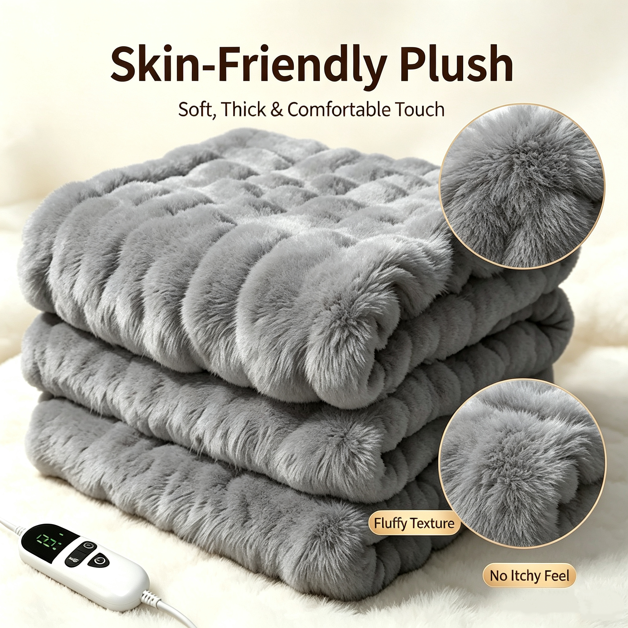 72"x84" Faux Rabbit Fur Heated Throw Blanket for Couch Bed Office, Fast-Heating, Ultra-Soft Plush Machine Washable Fabric with 6 Heat Settings, Auto Shut Off, Gray