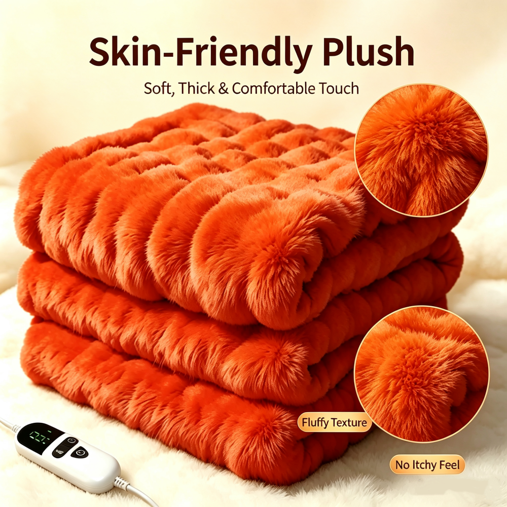 72"x84" Faux Rabbit Fur Heated Throw Blanket for Couch Bed Office, Fast-Heating, Ultra-Soft Plush Machine Washable Fabric with 6 Heat Settings, Auto Shut Off, Orange