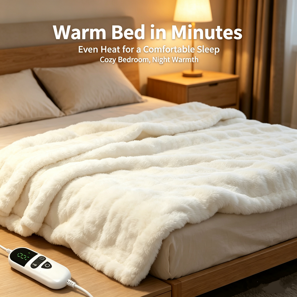 72"x84" Faux Rabbit Fur Heated Throw Blanket for Couch Bed Office, Fast-Heating, Ultra-Soft Plush Machine Washable Fabric with 6 Heat Settings, Auto Shut Off, White