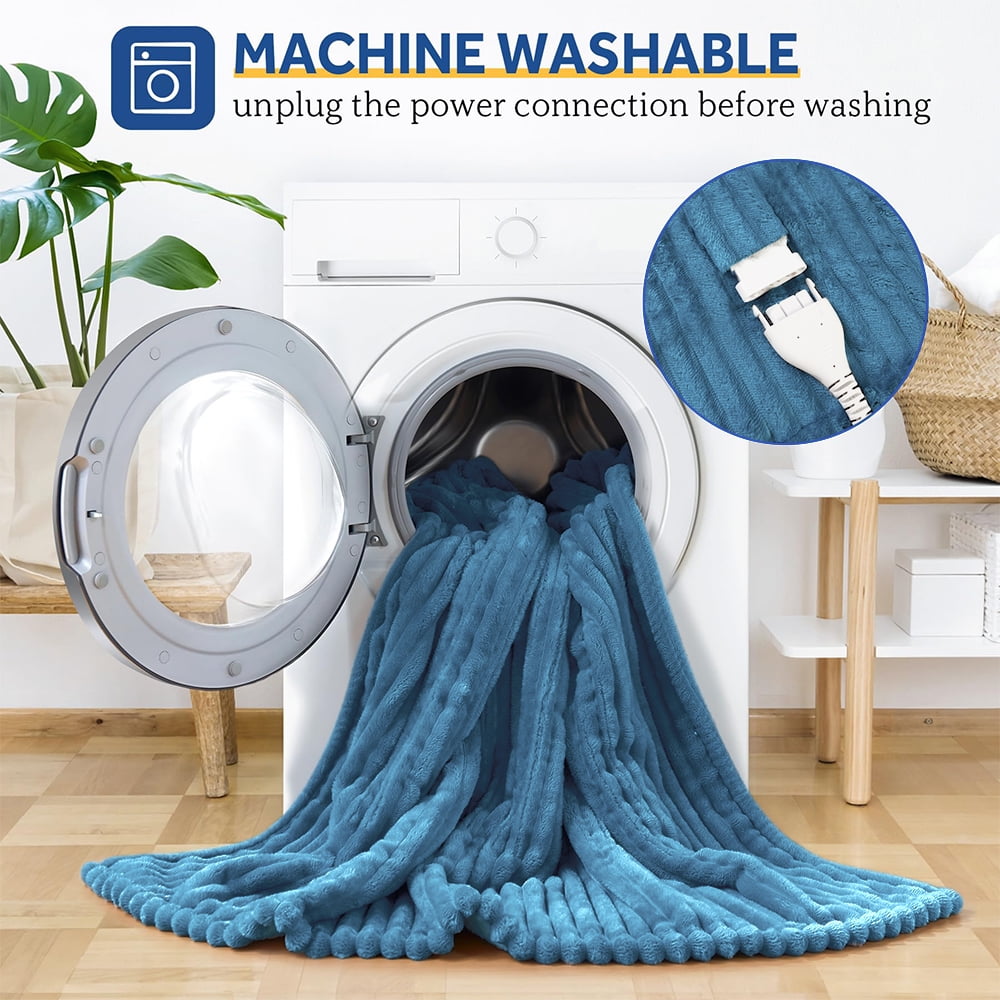 Heated Blanket Electric Queen Striped Flannel Blanket 84"x90" Electric Blanket with 6 Heat Settings 10 Hour Timer Auto Shut Off, Blue