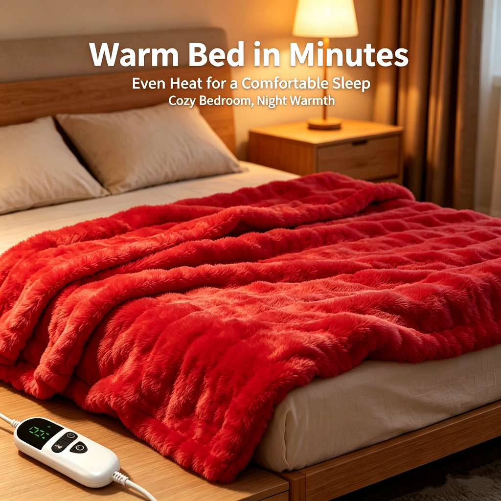 72"x84" Faux Rabbit Fur Heated Throw Blanket for Couch Bed Office, Fast-Heating, Ultra-Soft Plush Machine Washable Fabric with 6 Heat Settings, Auto Shut Off, Red