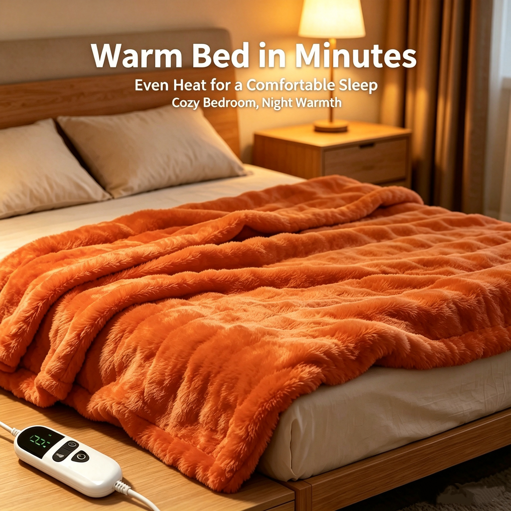 72"x84" Faux Rabbit Fur Heated Throw Blanket for Couch Bed Office, Fast-Heating, Ultra-Soft Plush Machine Washable Fabric with 6 Heat Settings, Auto Shut Off, Orange