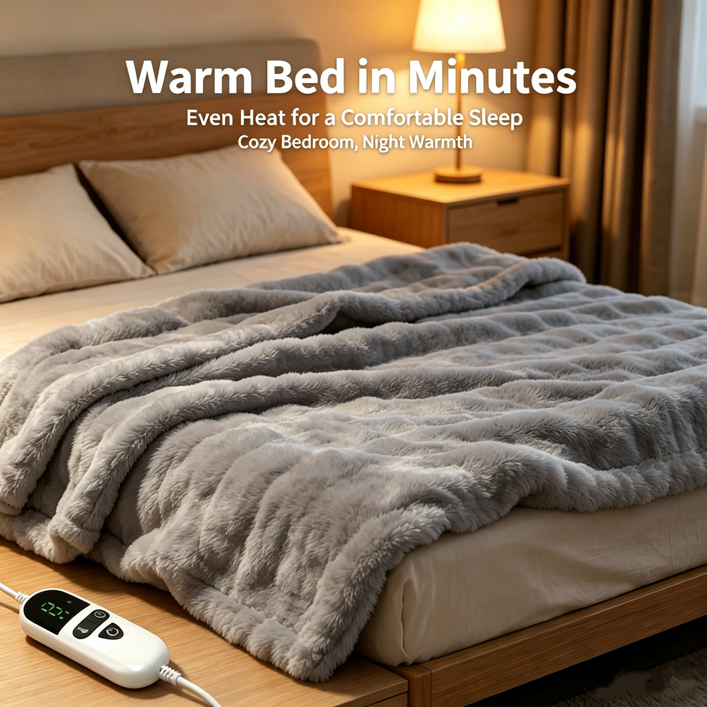 72"x84" Faux Rabbit Fur Heated Throw Blanket for Couch Bed Office, Fast-Heating, Ultra-Soft Plush Machine Washable Fabric with 6 Heat Settings, Auto Shut Off, Gray