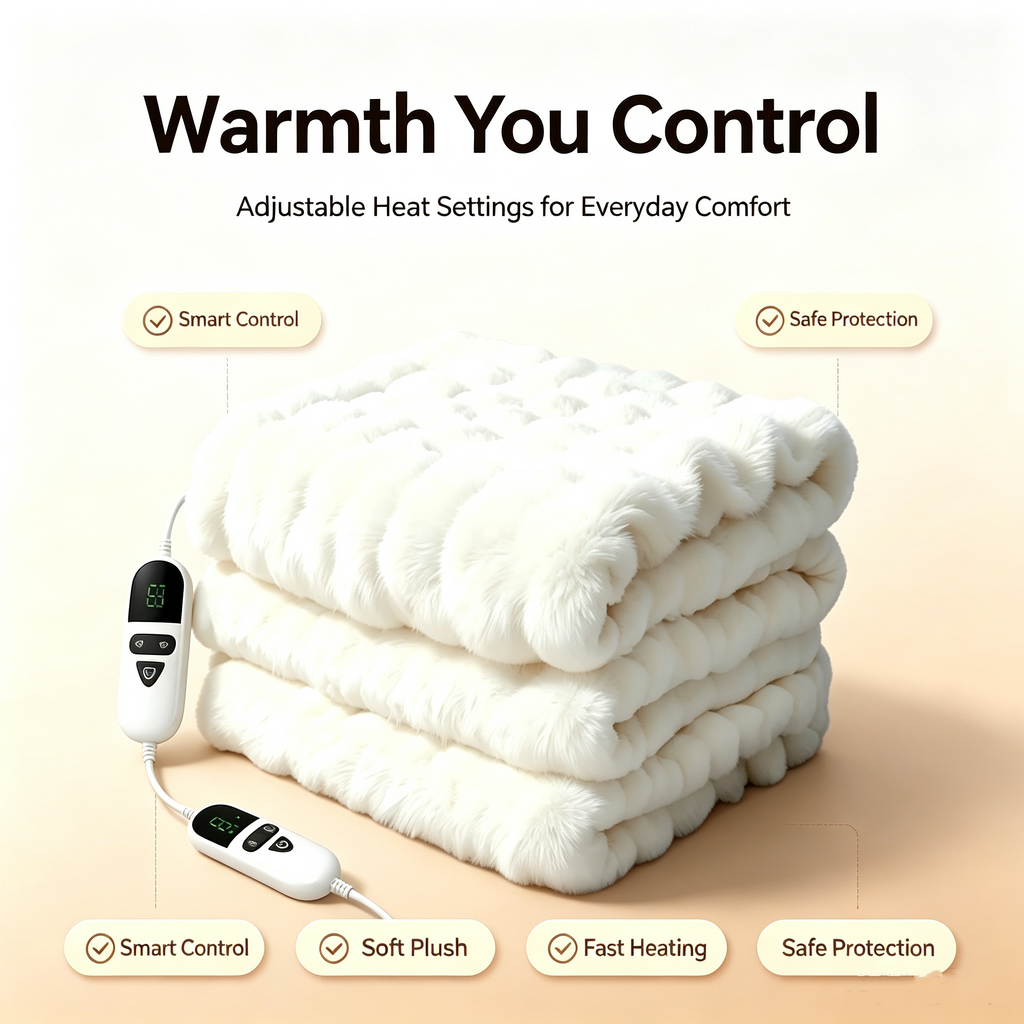 72"x84" Faux Rabbit Fur Heated Throw Blanket for Couch Bed Office, Fast-Heating, Ultra-Soft Plush Machine Washable Fabric with 6 Heat Settings, Auto Shut Off, White