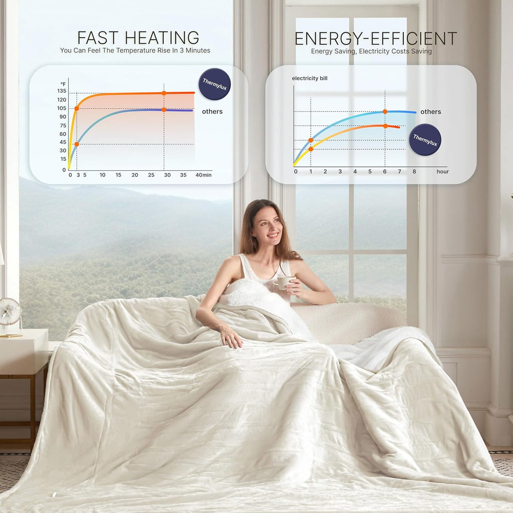 Electric Blanket Throw 50"x60" Heated Electric Blankets 10 Heating Levels 12 Time Settings 3 Hours Auto Off Fast Heating and Overheat Protection ETL Certified Machine Washable,Ivory