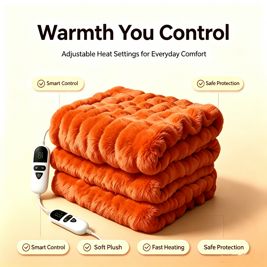 72"x84" Faux Rabbit Fur Heated Throw Blanket for Couch Bed Office, Fast-Heating, Ultra-Soft Plush Machine Washable Fabric with 6 Heat Settings, Auto Shut Off, Orange