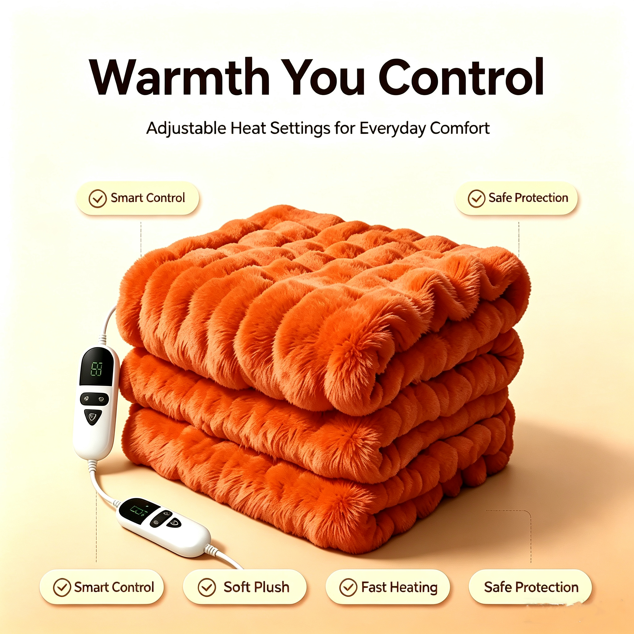 72"x84" Faux Rabbit Fur Heated Throw Blanket for Couch Bed Office, Fast-Heating, Ultra-Soft Plush Machine Washable Fabric with 6 Heat Settings, Auto Shut Off, Orange