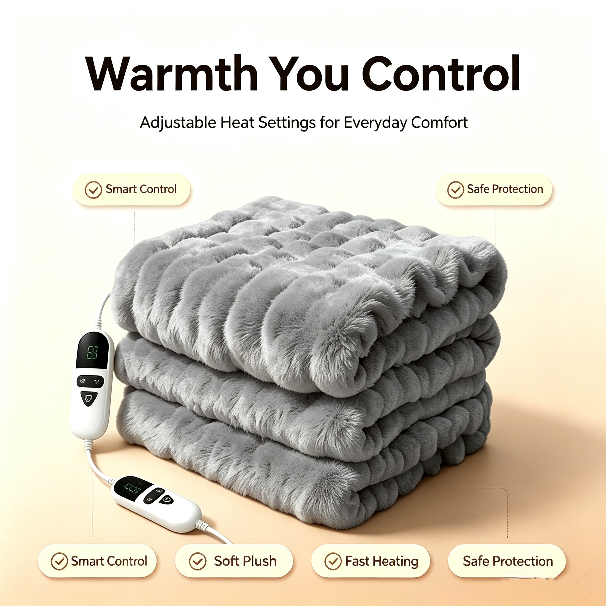 72"x84" Faux Rabbit Fur Heated Throw Blanket for Couch Bed Office, Fast-Heating, Ultra-Soft Plush Machine Washable Fabric with 6 Heat Settings, Auto Shut Off, Gray