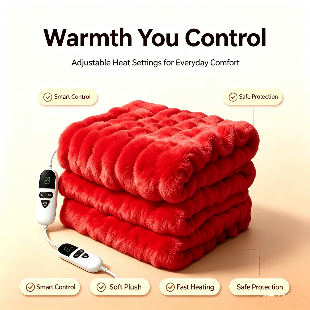 72"x84" Faux Rabbit Fur Heated Throw Blanket for Couch Bed Office, Fast-Heating, Ultra-Soft Plush Machine Washable Fabric with 6 Heat Settings, Auto Shut Off, Red