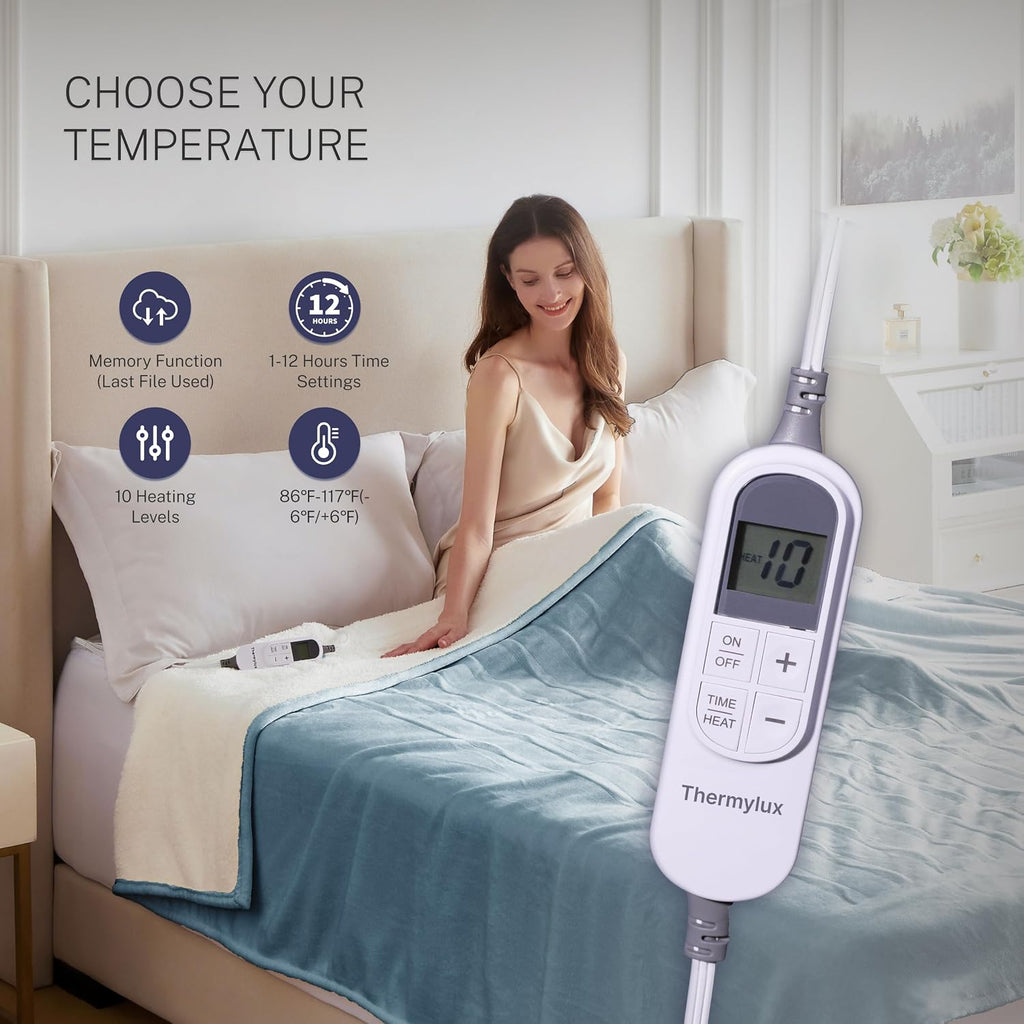 Electric Blanket Throw 50"x60" Heated Electric Blankets 10 Heating Levels 12 Time Settings 3 Hours Auto Off Fast Heating and Overheat Protection ETL Certified Machine Washable,Light Blue