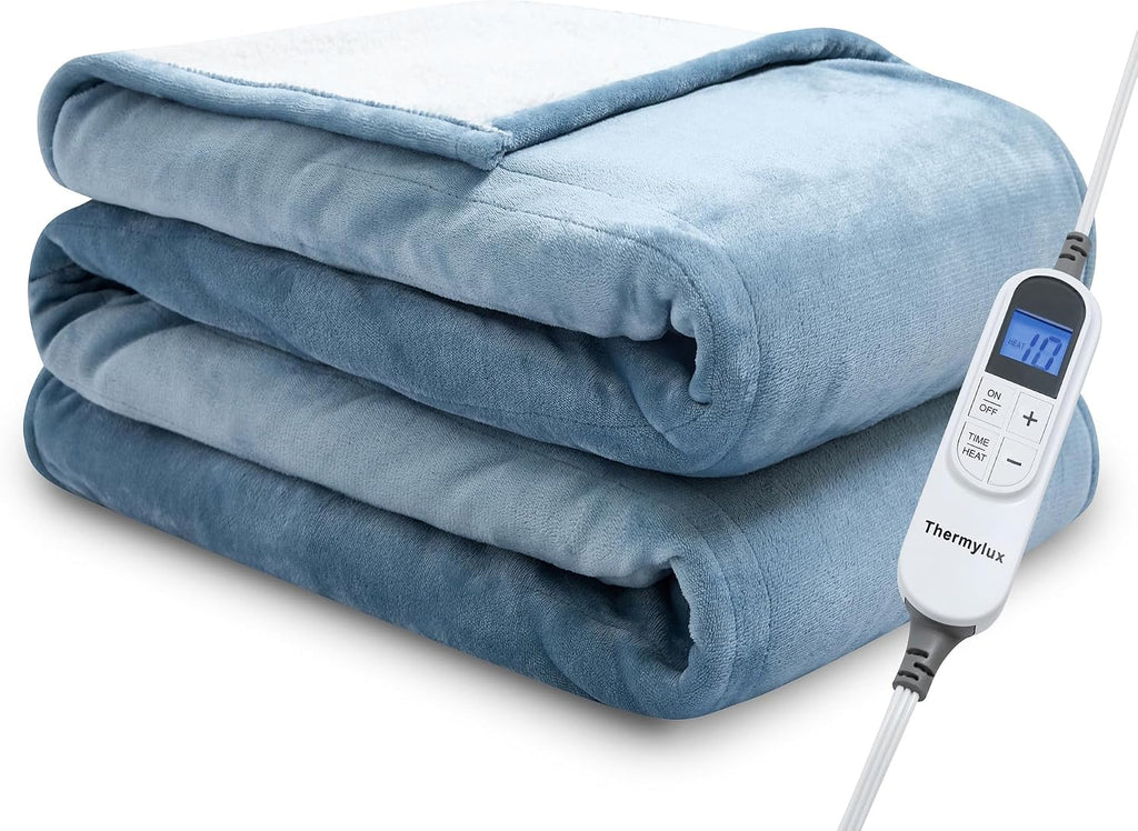Electric Blanket Throw 50"x60" Heated Electric Blankets 10 Heating Levels 12 Time Settings 3 Hours Auto Off Fast Heating and Overheat Protection ETL Certified Machine Washable,Light Blue