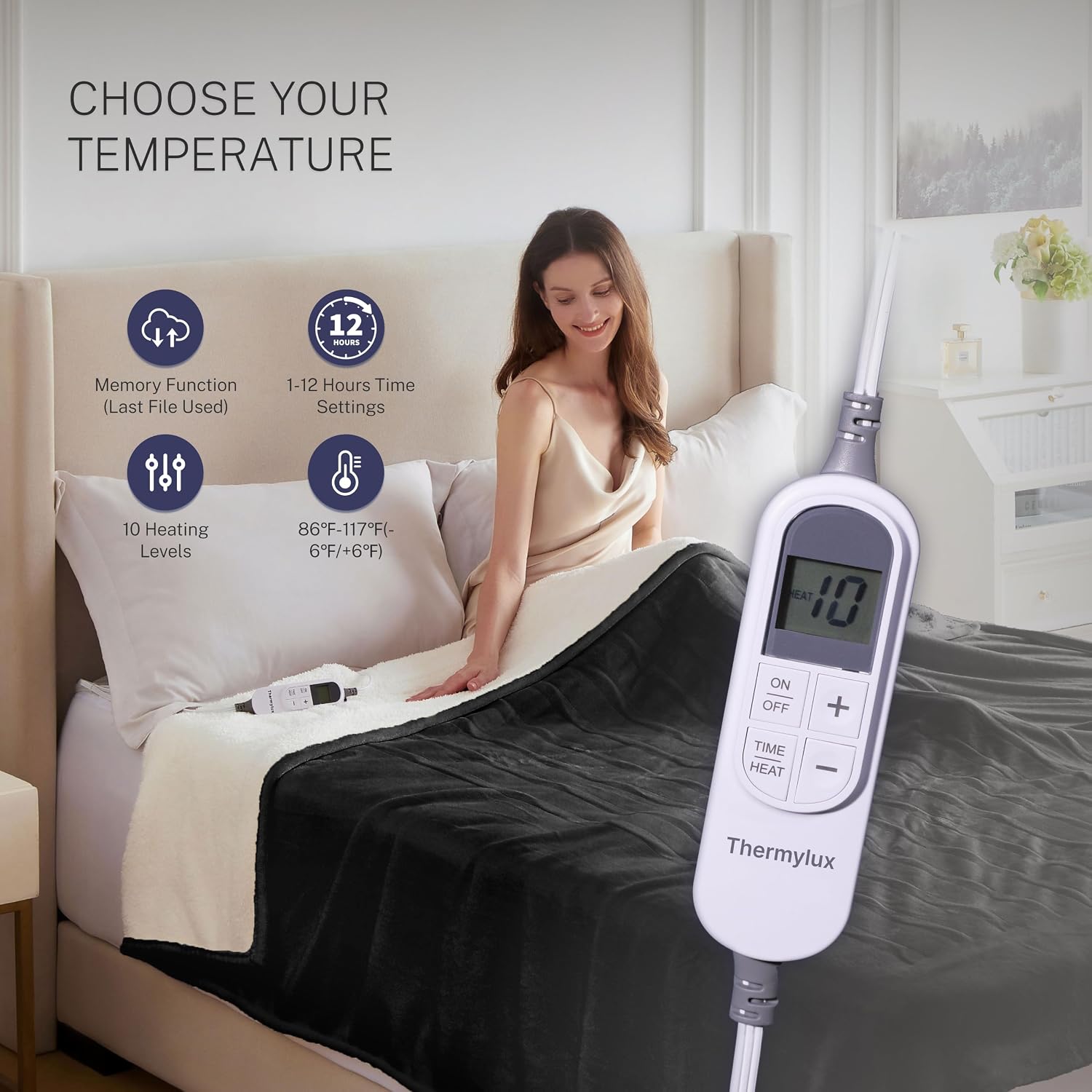 Electric Blanket Throw 50"x60" Heated Electric Blankets 10 Heating Levels 12 Time Settings 3 Hours Auto Off Fast Heating and Overheat Protection ETL Certified Machine Washable,Black
