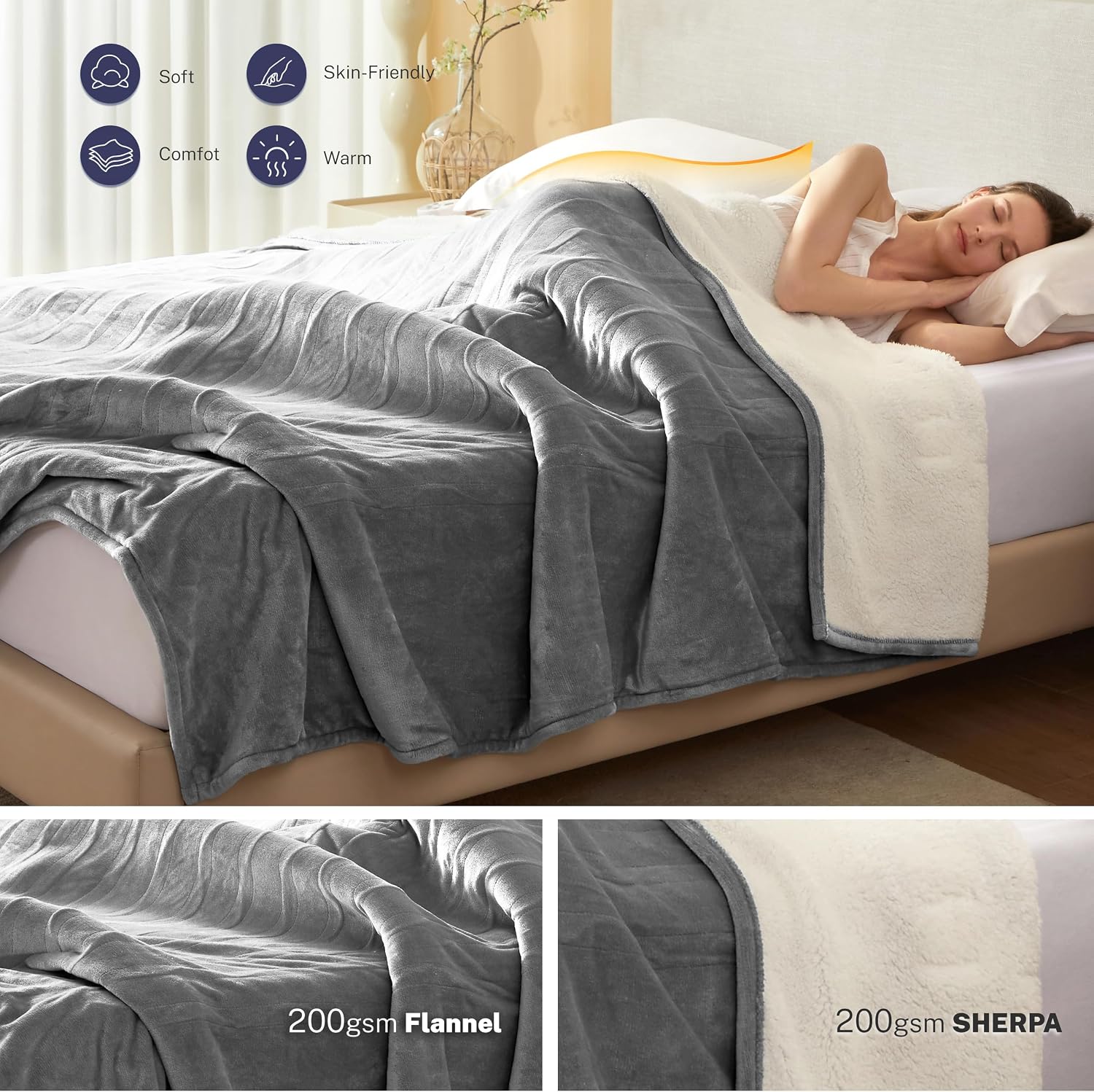 Electric Blanket Throw 50"x60" Heated Electric Blankets 10 Heating Levels 12 Time Settings 3 Hours Auto Off Fast Heating and Overheat Protection ETL Certified Machine Washable,Light Grey