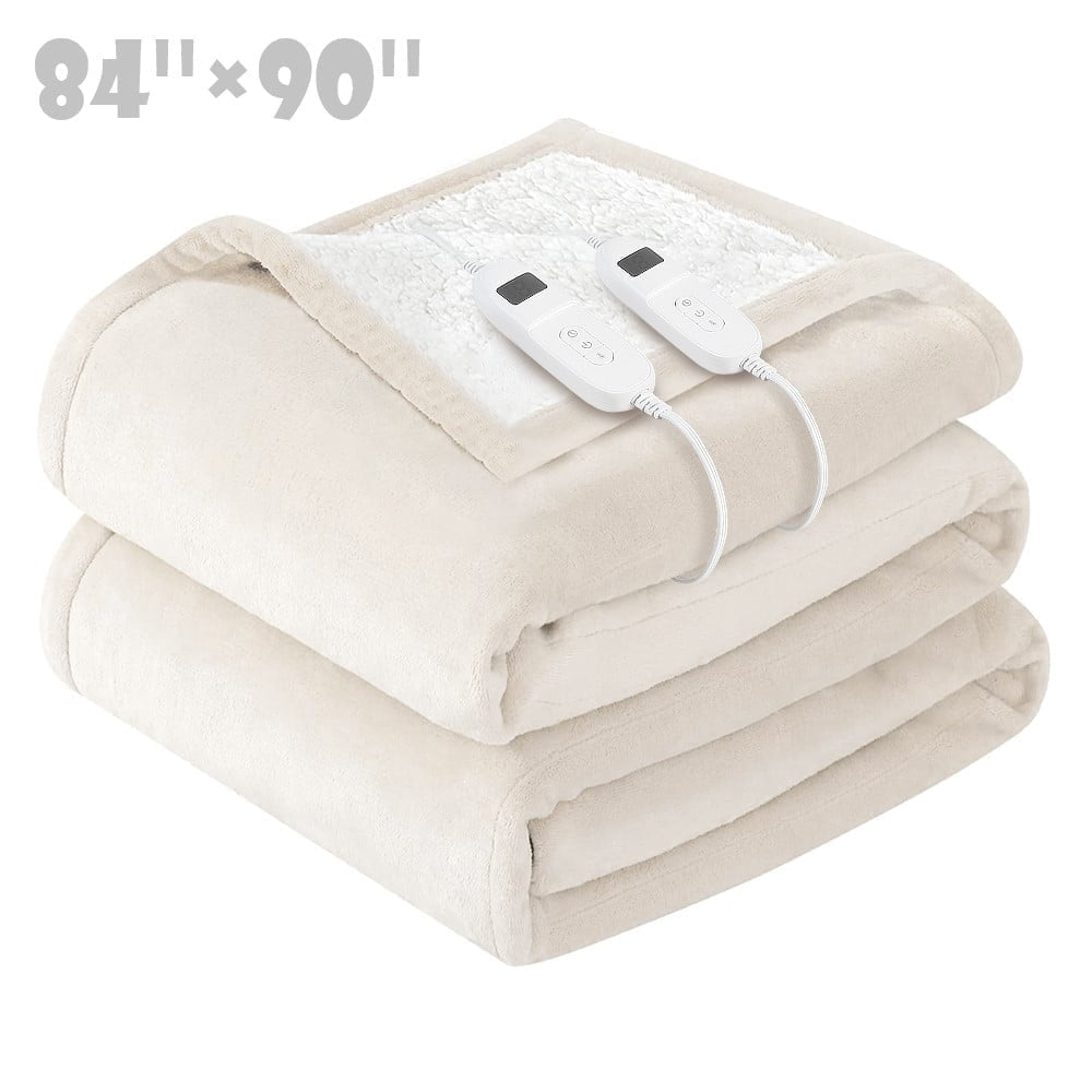 kibhous Electric Blanket Queen Size,Flannel and Shu velveteen Heated Blanket with 10 Heating Levels & 1-8 Hours Auto Shut Off, Machine Washable, Beige, 84" x 90"