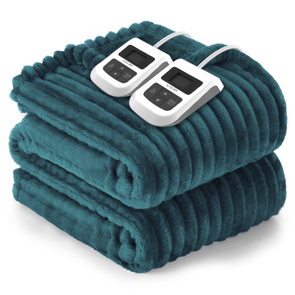 Heated Blanket Electric King Striped Flannel Blanket 90"x100" Electric Blanket with 6 Heat Settings 10 Hour Timer Auto Shut Off, Teal