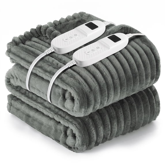 Heated Blanket Electric King Striped Flannel Blanket 90"x100" Electric Blanket with 10 Heat Settings 8 Hour Timer Auto Shut Off, Dark Grey