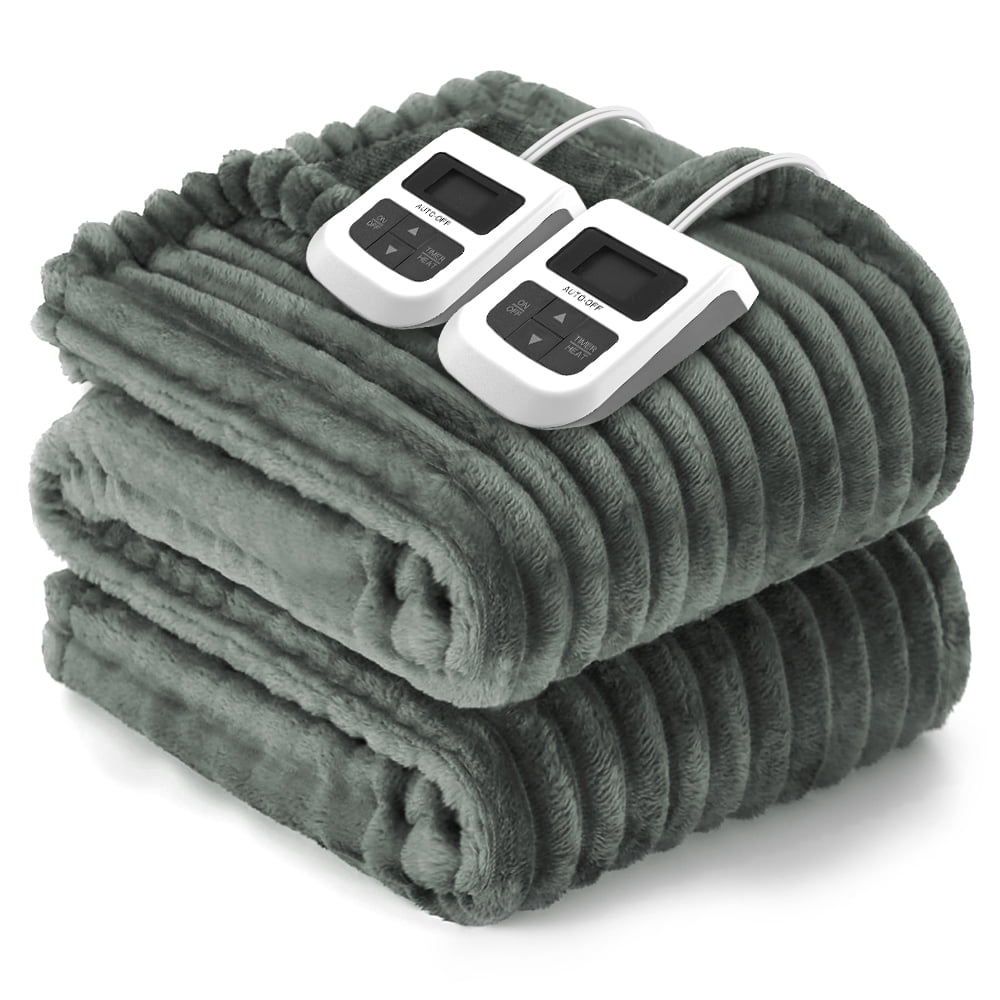 Heated Blanket Electric King Striped Flannel Blanket 90"x100" Electric Blanket with 6 Heat Settings 10 Hour Timer Auto Shut Off, Dark Grey
