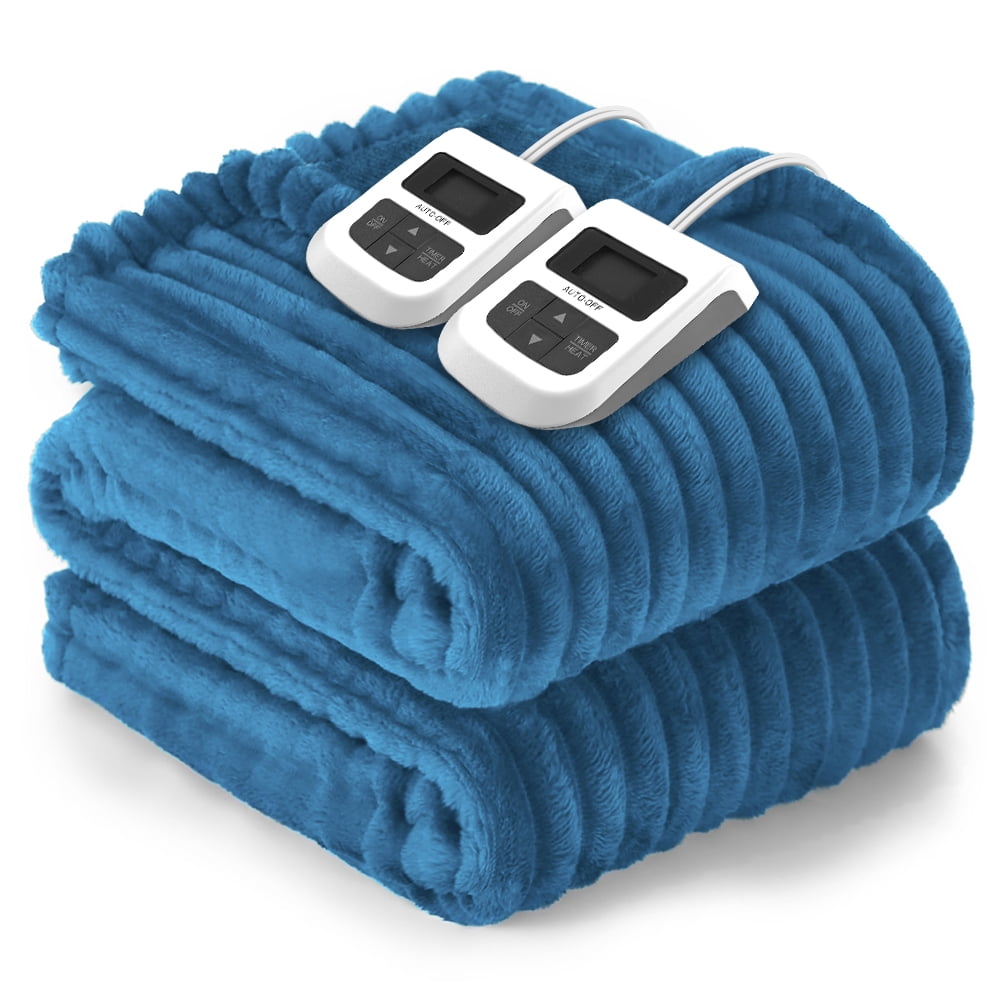 Heated Blanket Electric Queen Striped Flannel Blanket 84"x90" Electric Blanket with 6 Heat Settings 10 Hour Timer Auto Shut Off, Blue