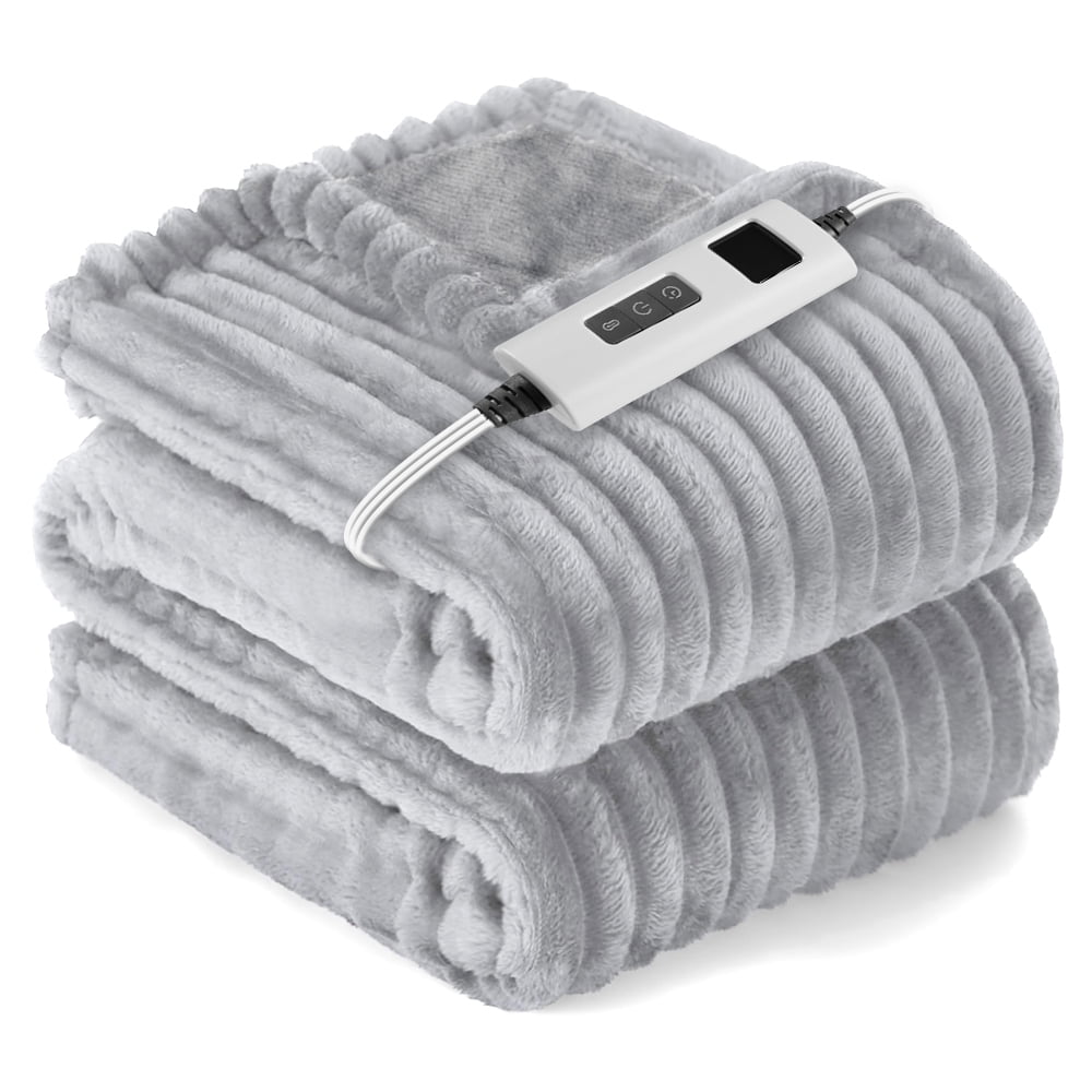 Heated Blanket Electric Throw Striped Flannel Blanket 50"x60" Electric Blanket with 6 Heat Settings 8 Hour Timer Auto Shut Off, Grey