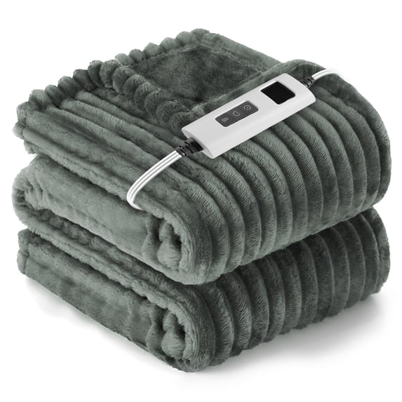 Heated Blanket Electric Twin Striped Flannel Blanket 62"x84" Electric Blanket with 6 Heat Settings 10 Hour Timer Auto Shut Off, Dark Grey
