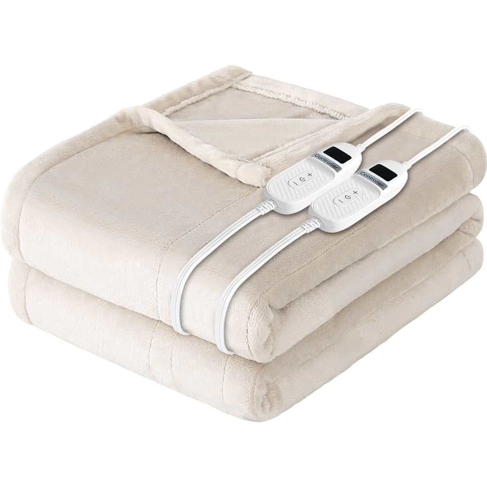 Electric Heated Blanket 84"×90" Flannel Blanket with 10 Heating Levels & 8 Hours Auto Off Fast Heating, Beige