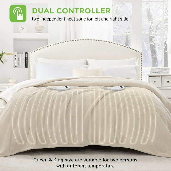 kibhous Electric Blanket King Size,Flannel and Shu velveteen Heated Blanket with 10 Heating Levels & 1-8 Hours Auto Shut Off, Machine Washable, Beige, 100" x 90"
