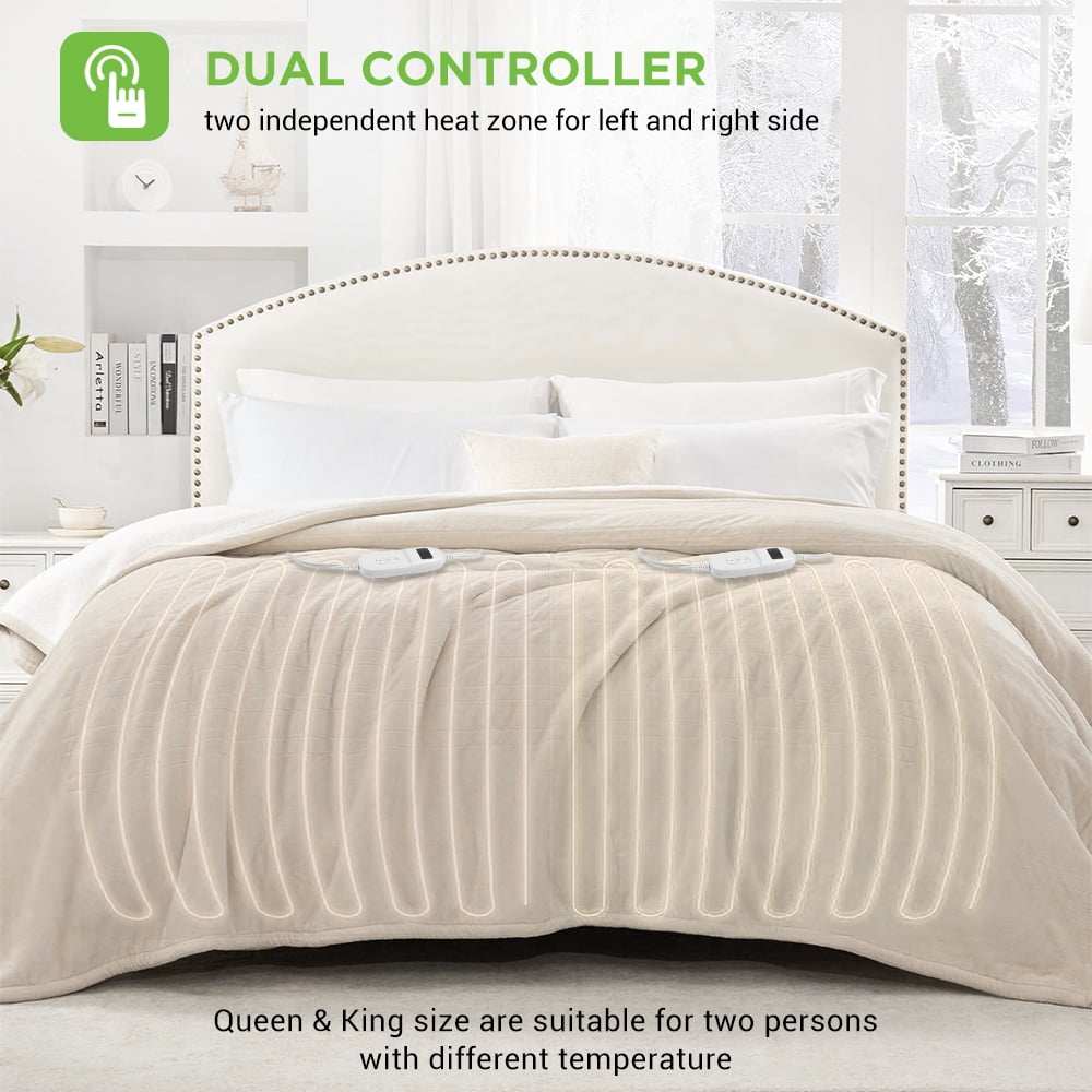 kibhous Electric Blanket Queen Size,Flannel and Shu velveteen Heated Blanket with 10 Heating Levels & 1-8 Hours Auto Shut Off, Machine Washable, Beige, 84" x 90"