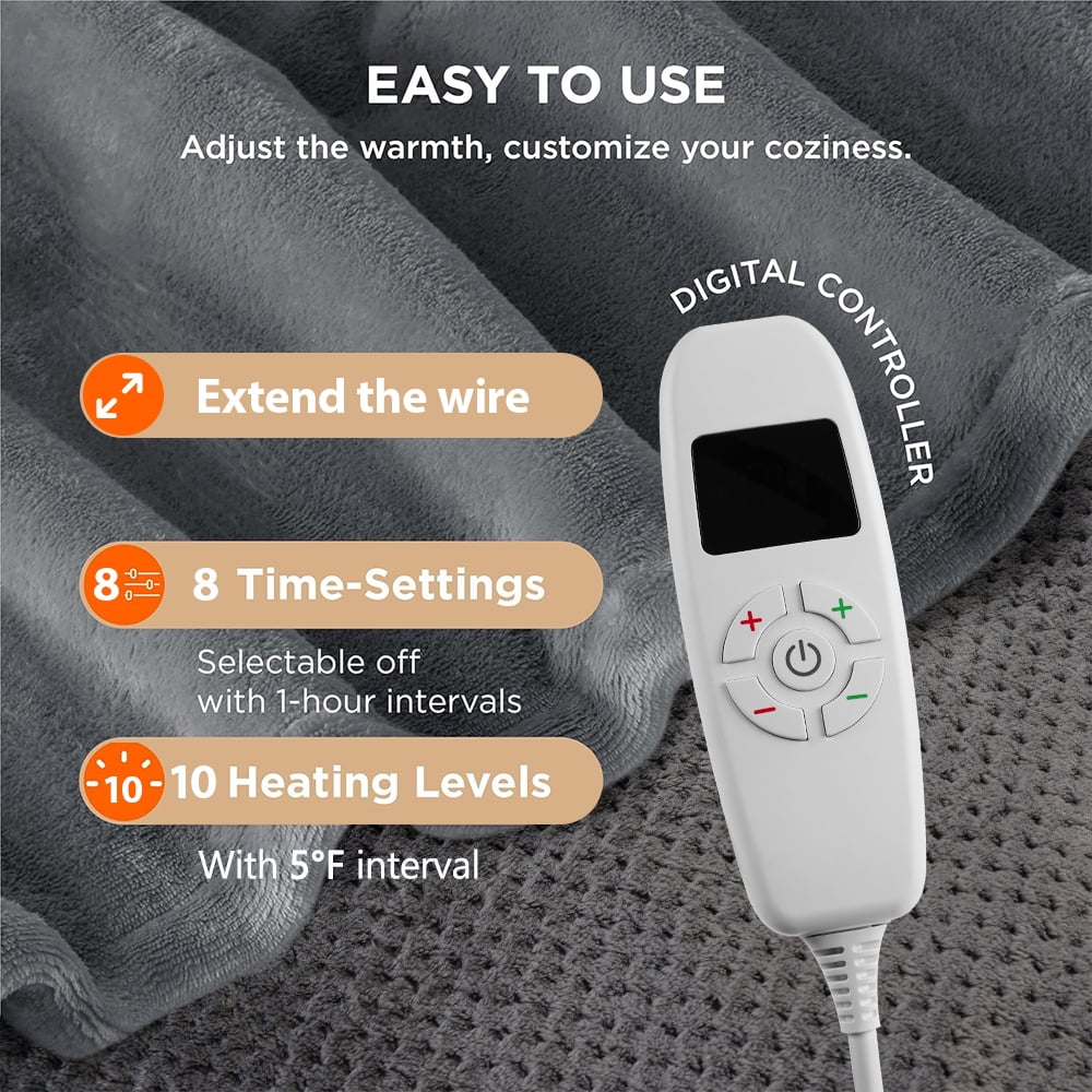 Heated Throw Blanket 60"x 70" Extra Large Size Flannel and Velvet with 10 Optional Heating Levels ,8 Hours Timer Up- Gray