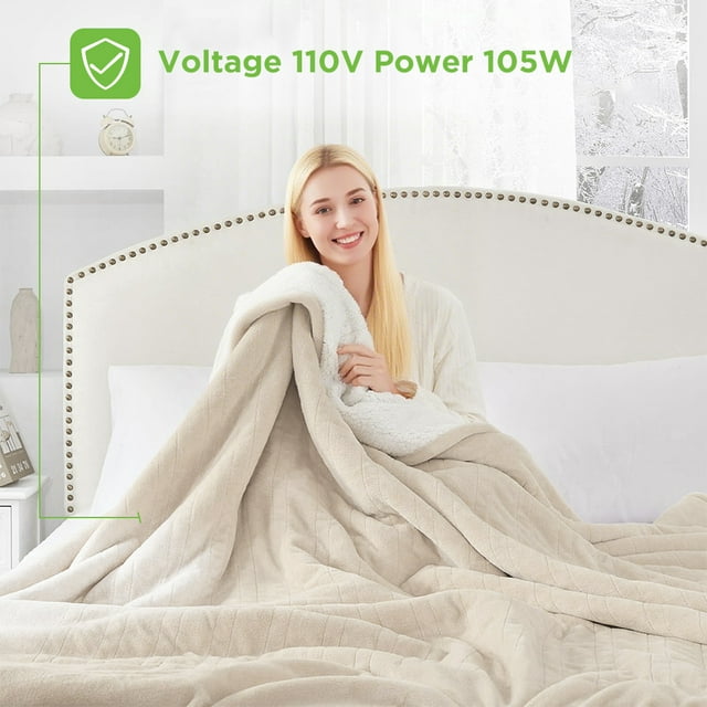kibhous Electric Blanket King Size,Flannel and Shu velveteen Heated Blanket with 10 Heating Levels & 1-8 Hours Auto Shut Off, Machine Washable, Beige, 100" x 90"